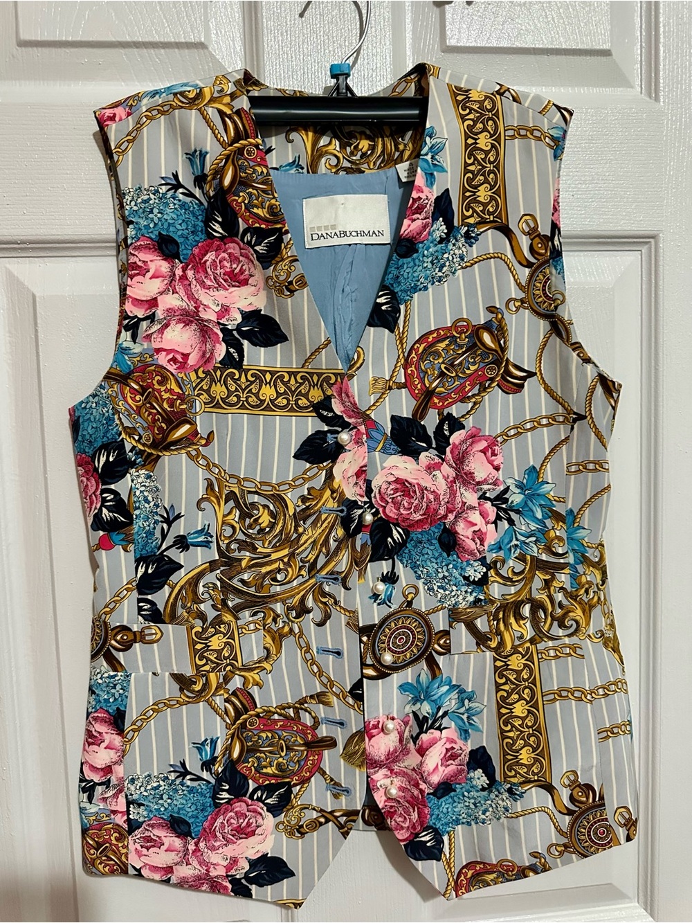 Dana Buchman Pink Blue Floral & Gold Chain Print Sleeveless Vest